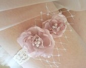 Blush pink wedding garter cream colour garter with handmade pale pink flowers with pearls bridal garter