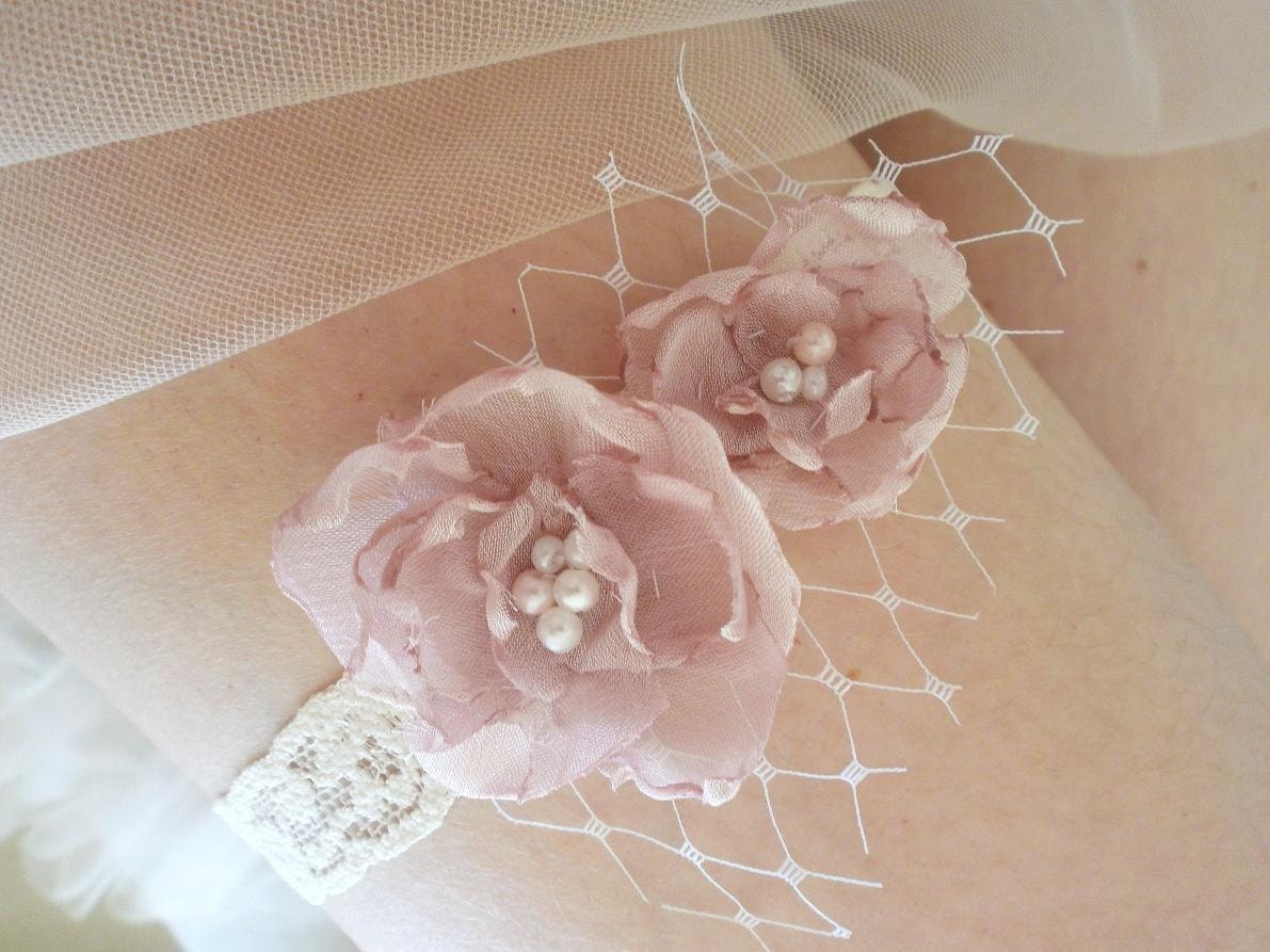 Blush pink wedding garter cream colour garter with handmade pale pink flowers with pearls bridal garter