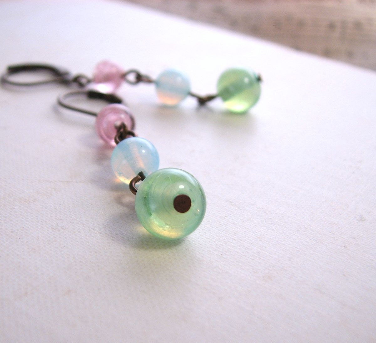 Pastel earrings with vintage pink blue green lampwork glass