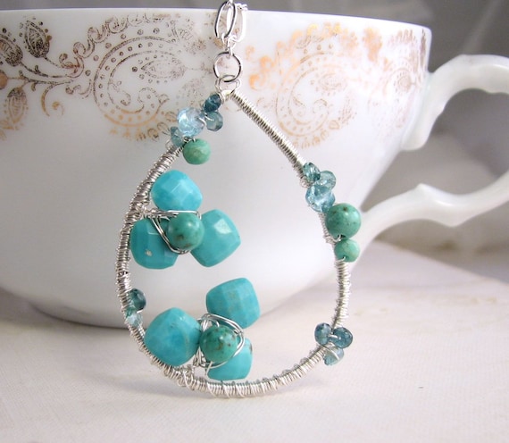 Turquoise flower December birthstone necklace sterling silver