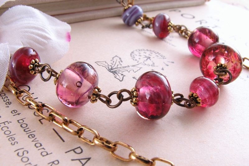 DOGWOOD  necklace with pink lampwork glass and fabric flower