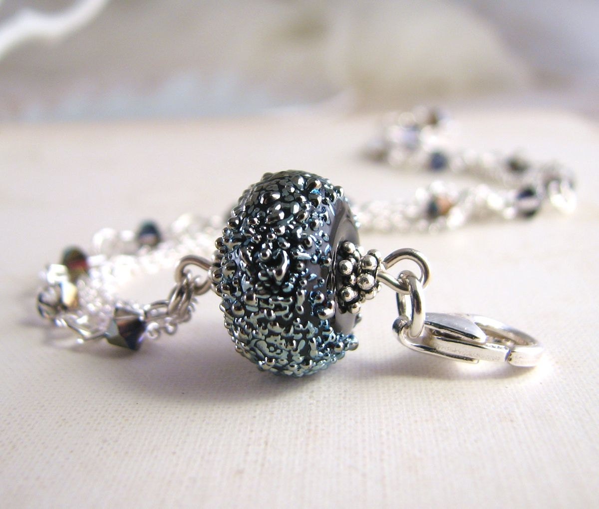 Black metallic lampwork bracelet sterling silver crystal