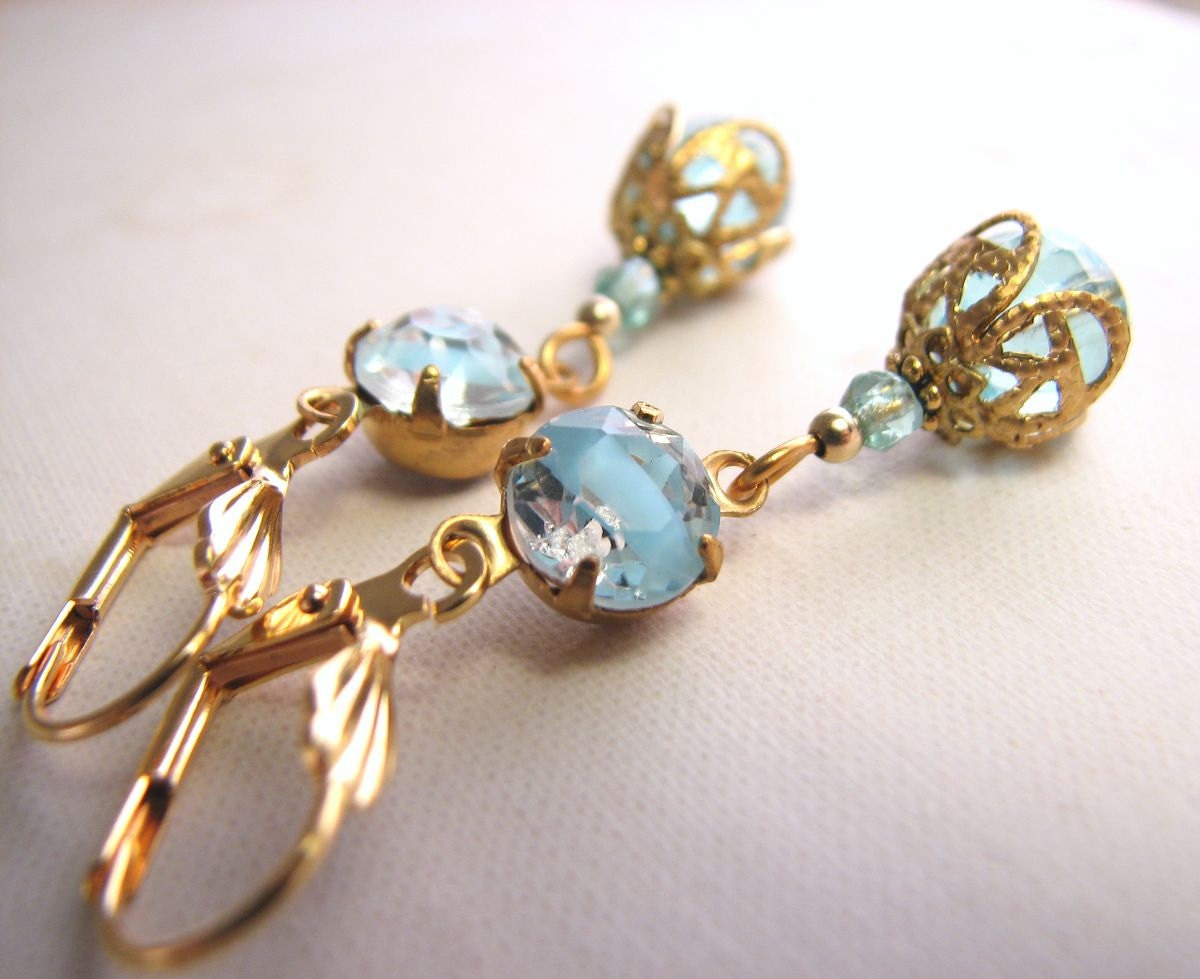 spring jewelry Baby Blue earrings with vintage aqua pastel art glass