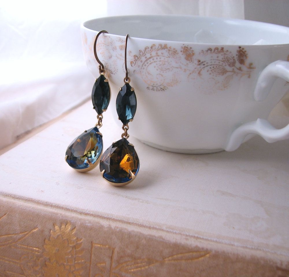 DARK NIGHT  sapphire drop earrings vintage blue and topaz rhinestones