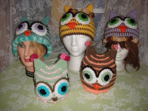 Crochet Striped pom pom Owl beanie 7 sizes
