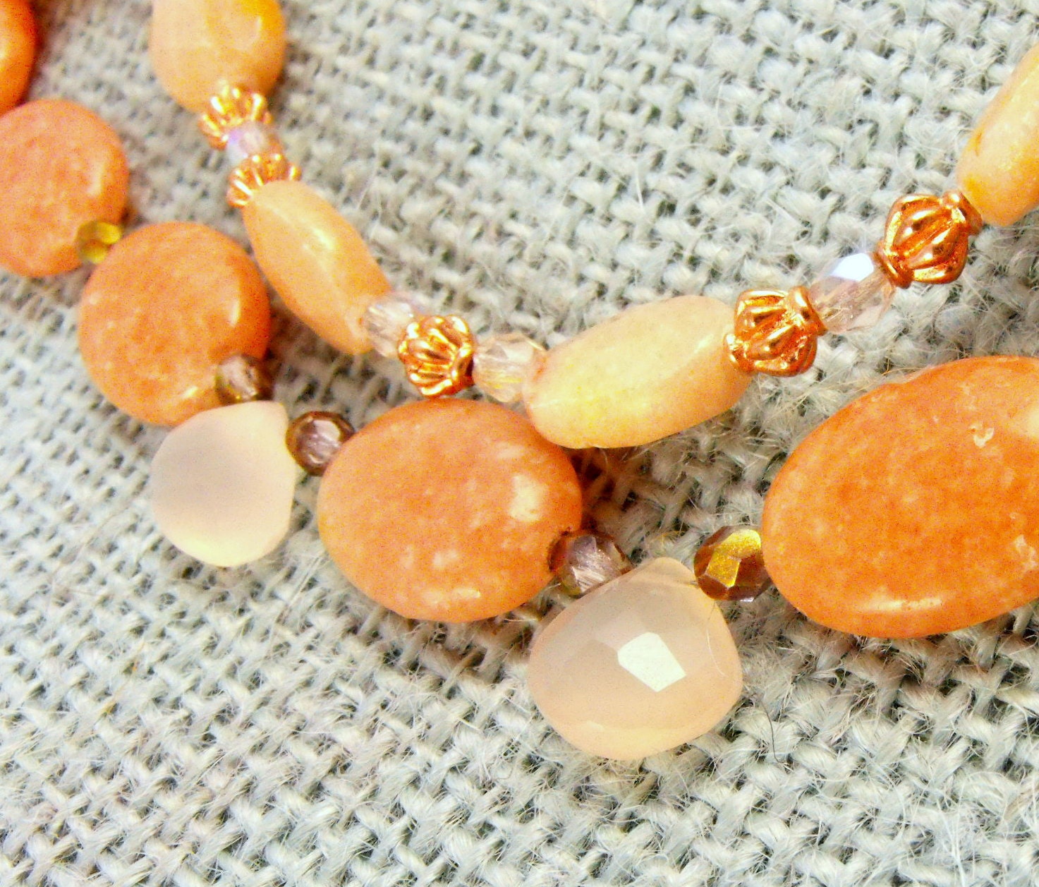 Soft blushing peach tones of stone Beads, Copper Multistrand Necklace Handmade Jewelry