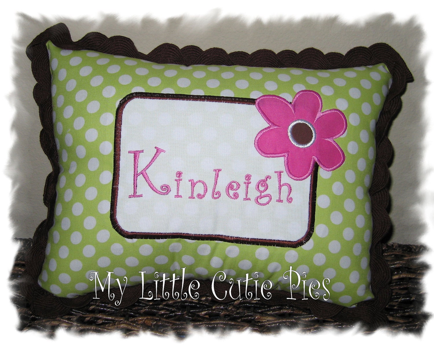 Custom Boutique Lime Celery Green Polkadot Polka dot Brown Pink Name Pillow Personalized Monogrammed Monogram