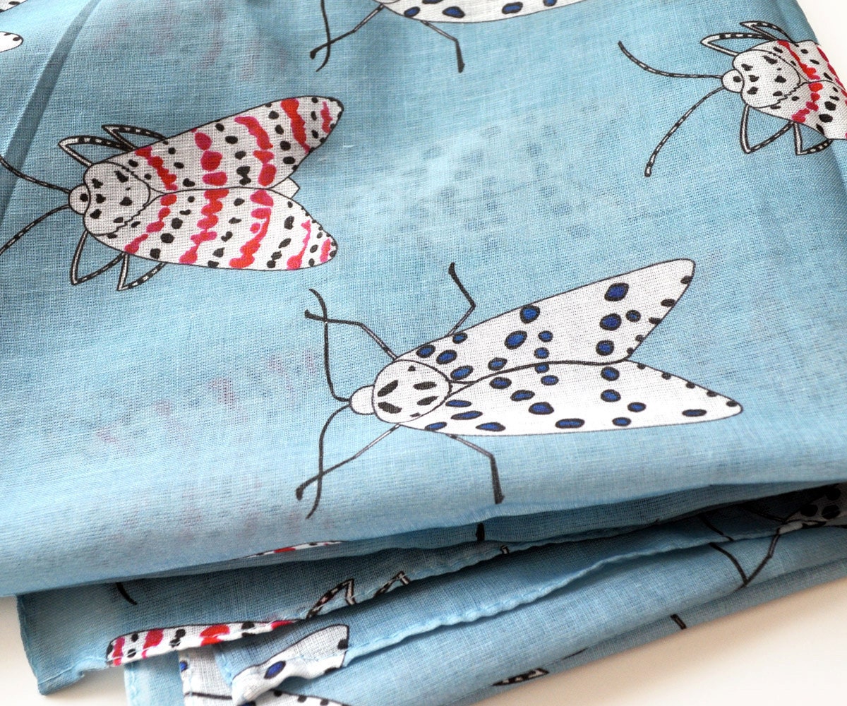 Blue Cotton Scarf with Rattlebox Moth Print