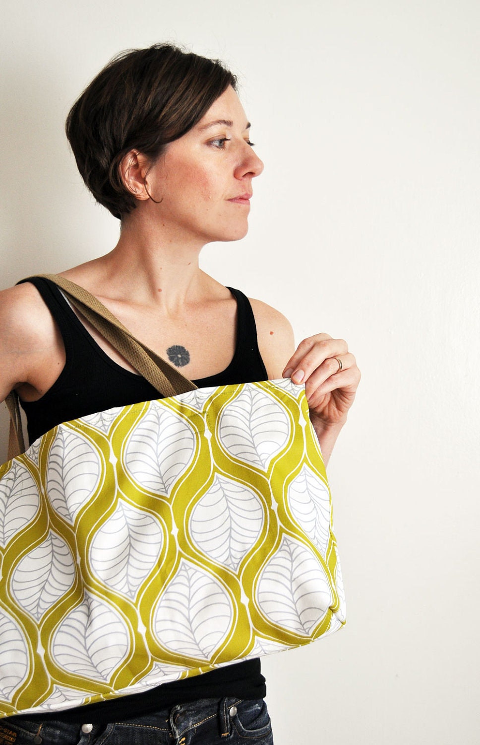 SALE Cotton Tote Bag with My Own Leaf Green Woodland Print