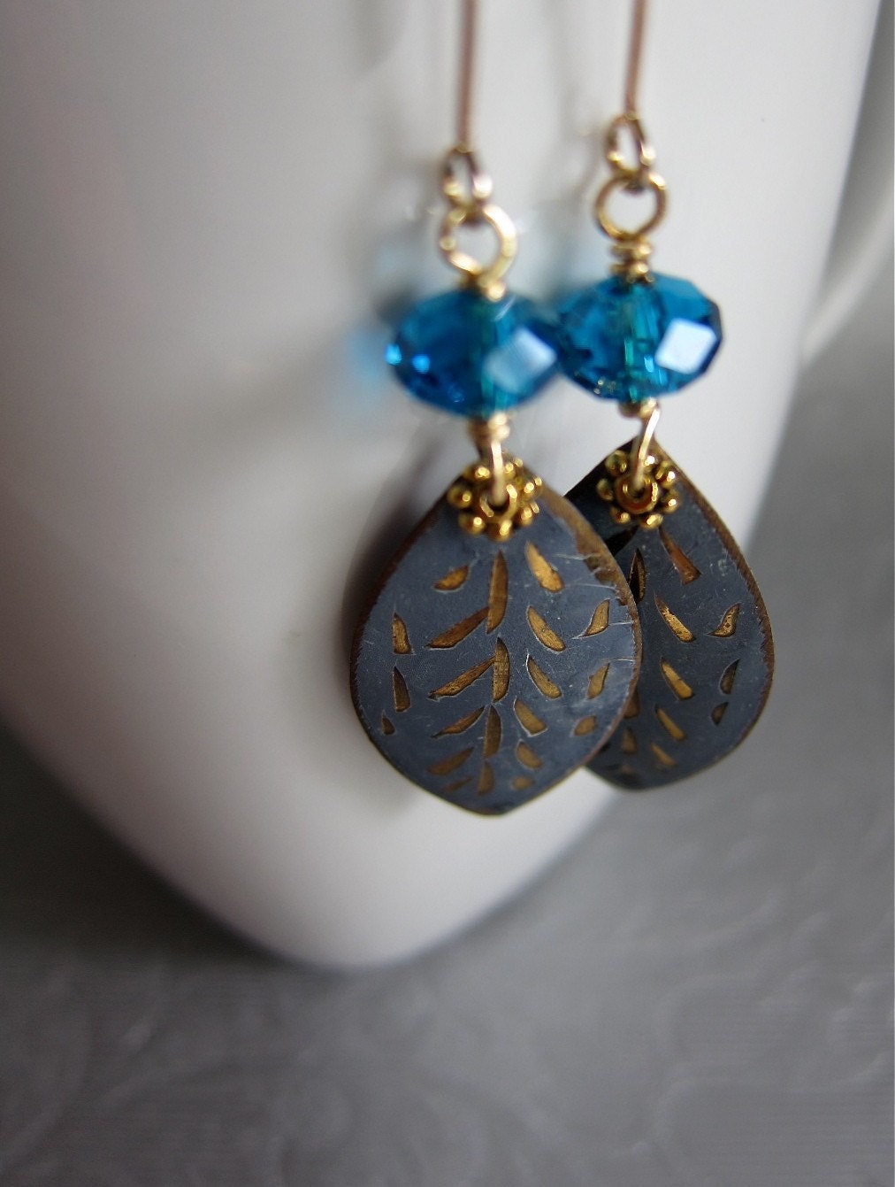 Vintage Engraved Gold Inlaid Leaf Charm Teal Blue Crystals Earrings, Vintage Style, Old World Charm