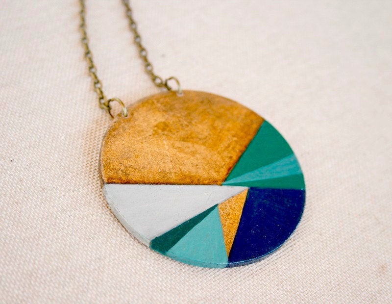 Geometric hand painted pendant - blue- aqua green - Large