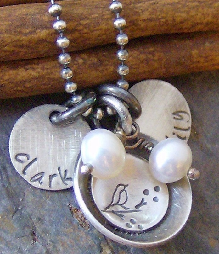 Momma Bird and her nest...hand stamped sterling sivler mothers necklace
