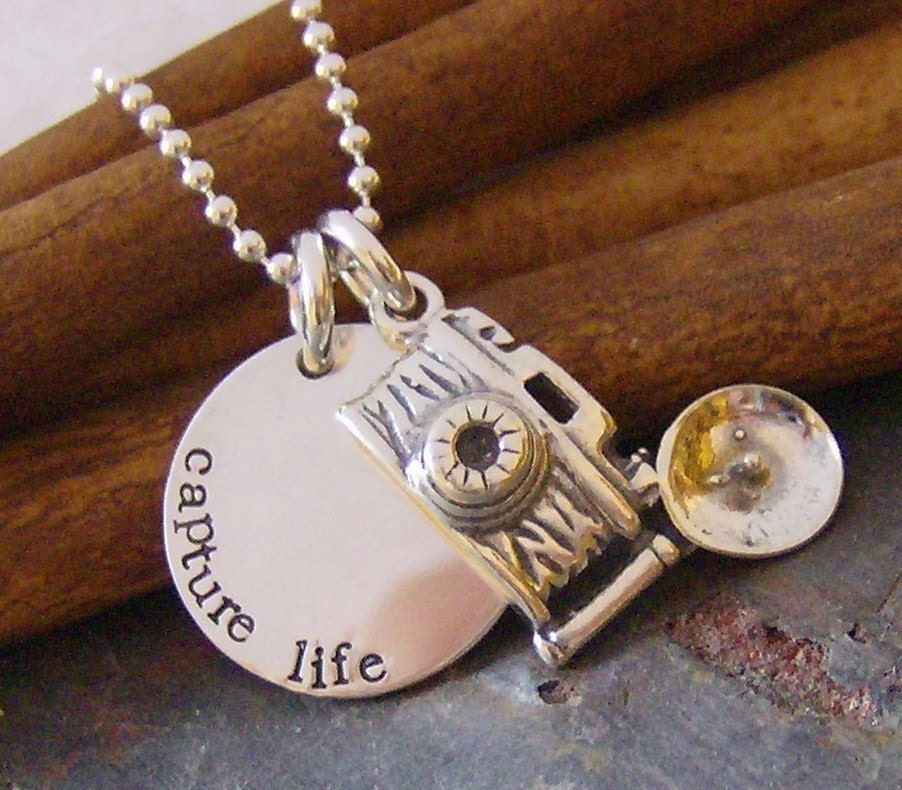 Capture Life....hand stamped sterling silver camera photography necklace