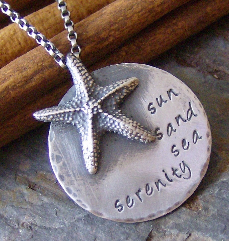 Sun Sea Sand Serenity.....hand stamped sterling silver Starfish Beach necklace