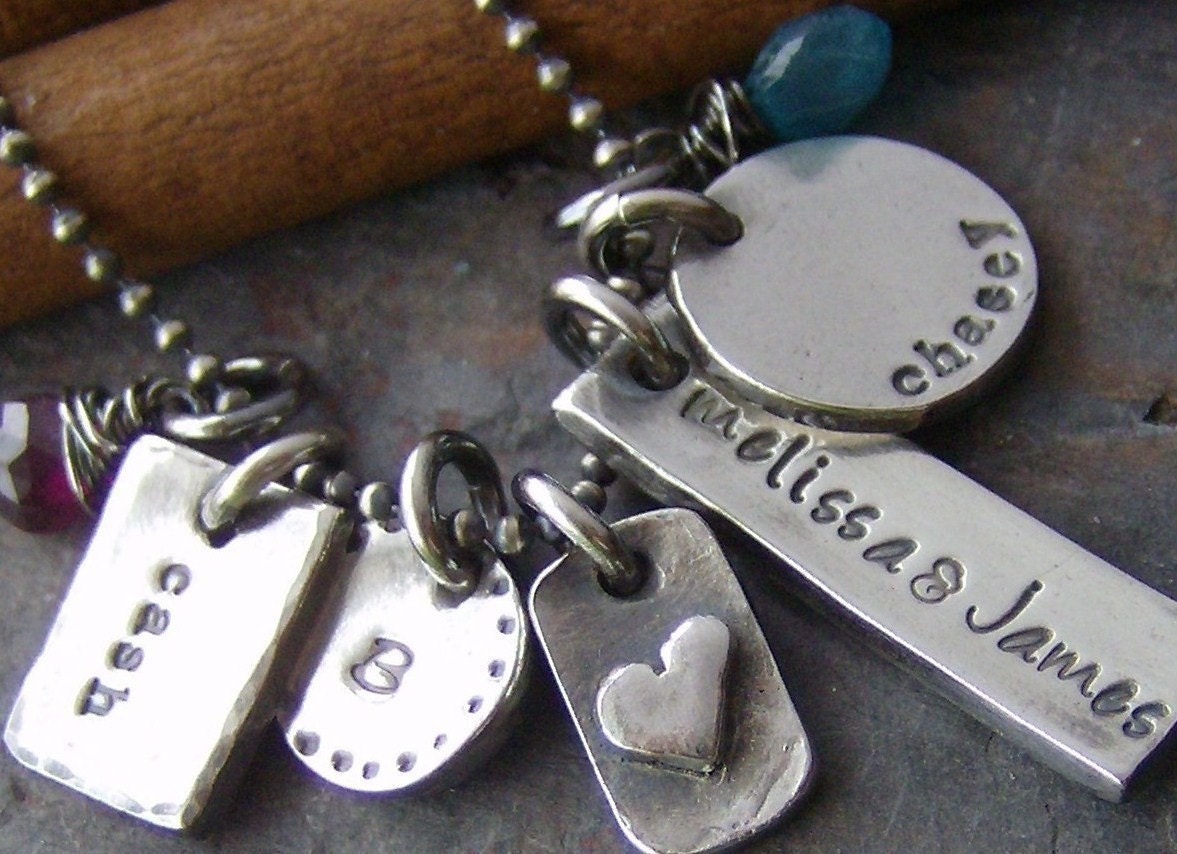 Eclectic Family...fine silver hand stamped personalized gem stone necklace