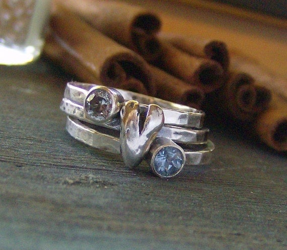 Heart and stone hand stamped silver and faceted gem stone stacking rings