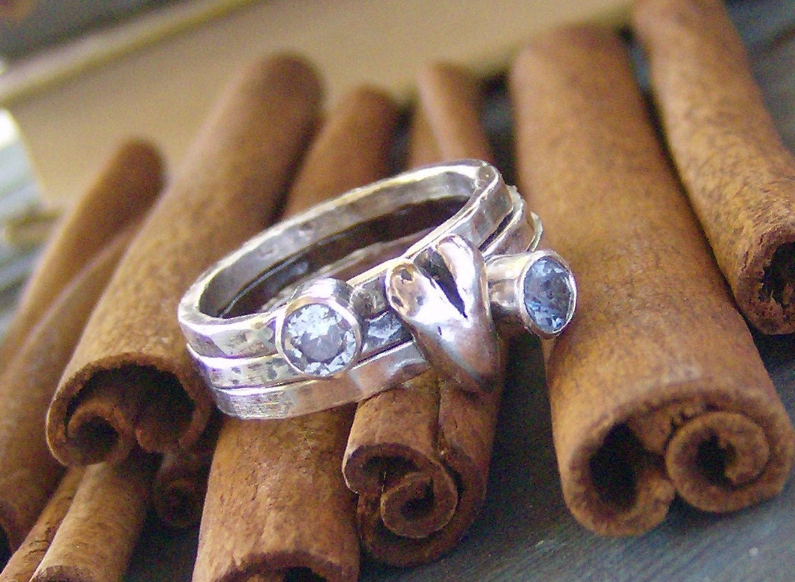 Heart and stone hand stamped silver and faceted gem stone stacking rings