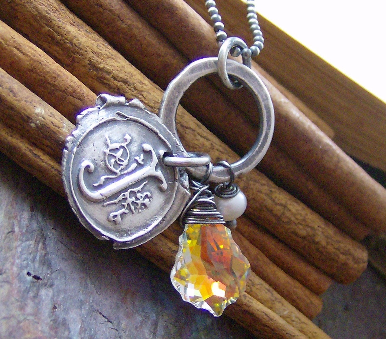 Fancy vintage letters... hand stamped fine and sterilng silver crystal necklace