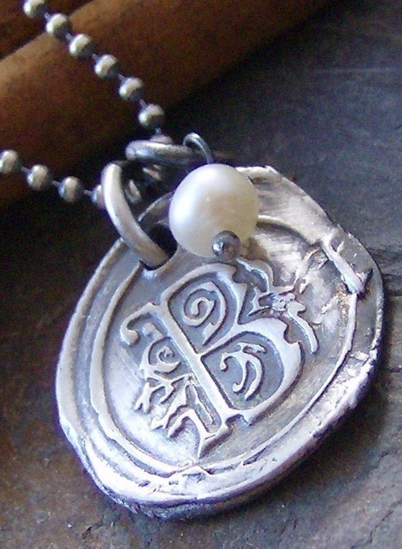 Vintage letters with pearl... hand stamped fine silver wax seal initial necklace