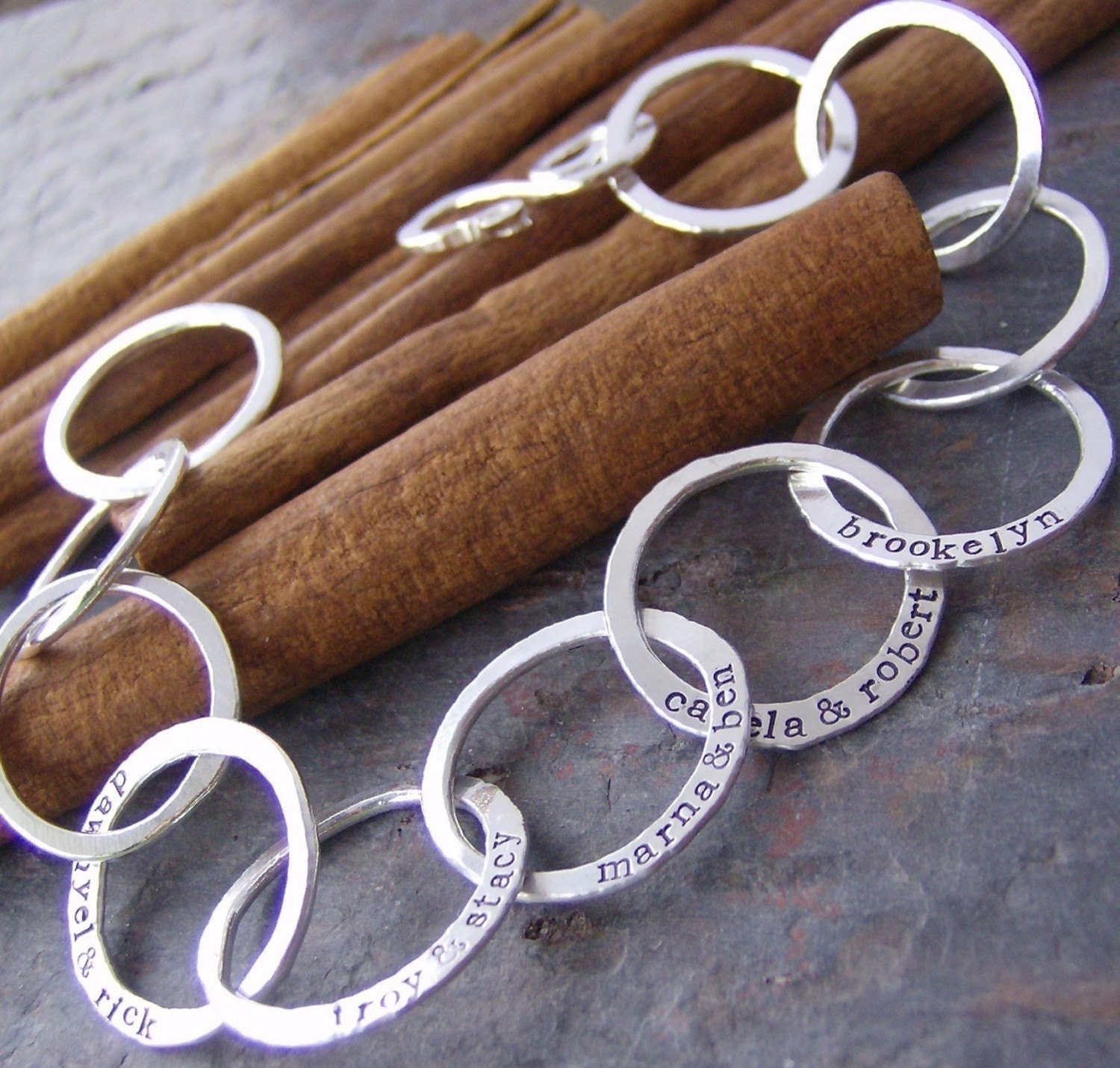 Family links....hand stamped and forged fine silver family bracelet.