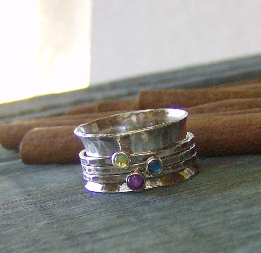 hand stamped Birthstone sterling silver spinner ring mothers ring