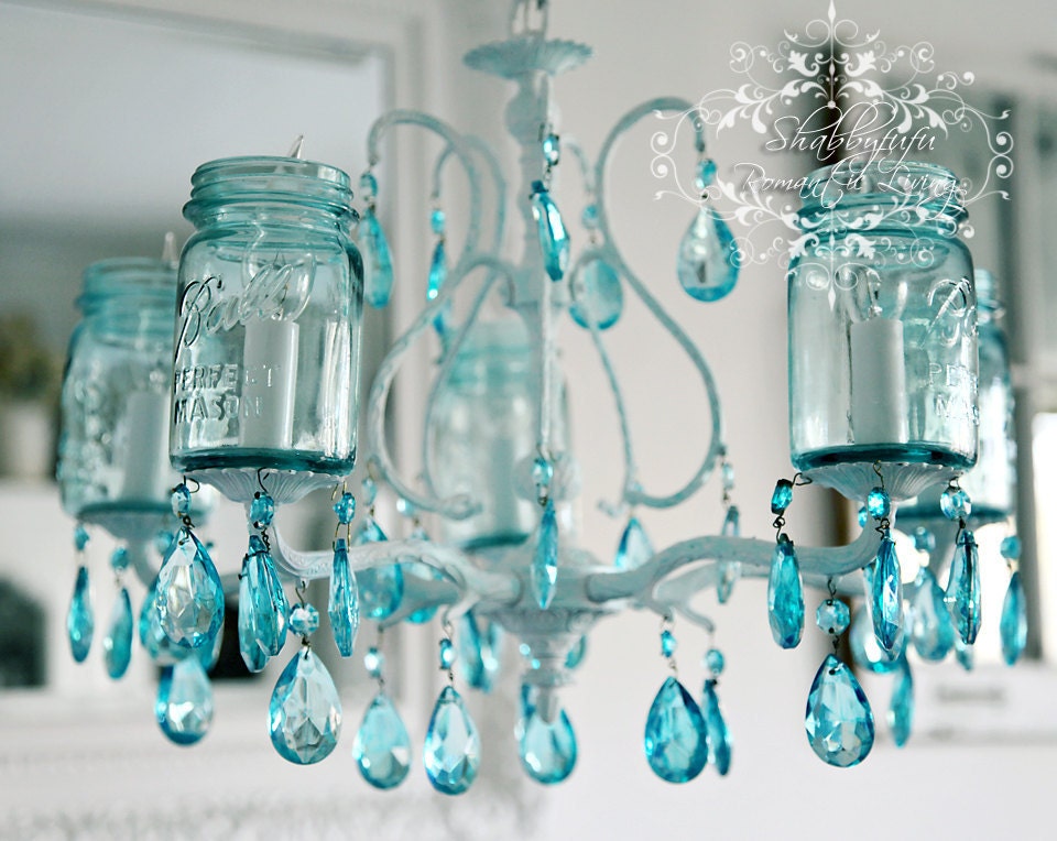 Vintage Mason Jar Chandelier...Aqua Crystals....Made To ORDER...Plethora of Treasuries..LAYAWAY Available