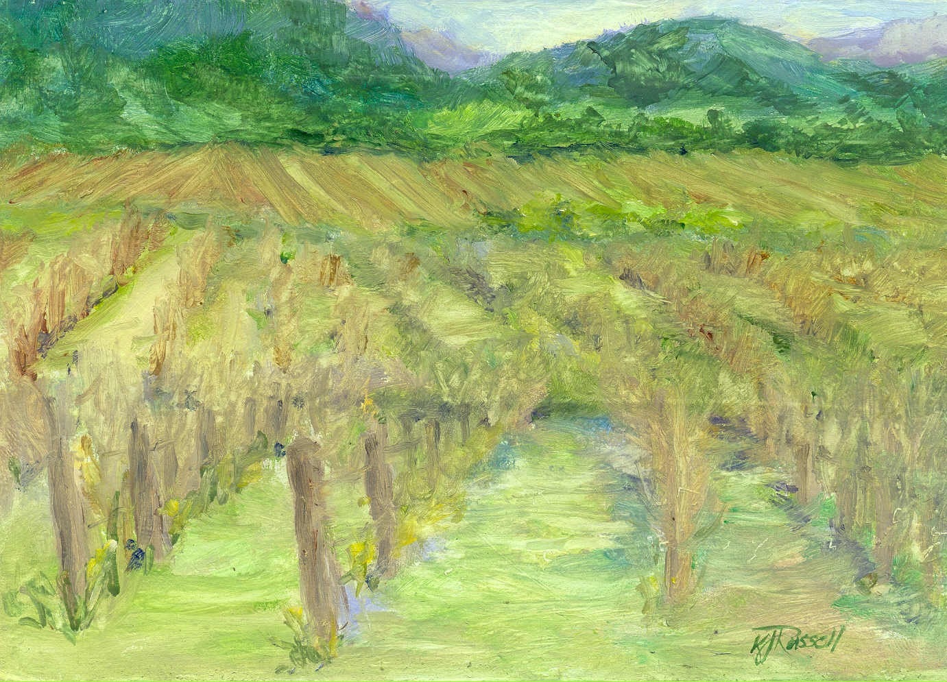 Rural Landscape Oil Painting Spring Vineyards Oregon Mountains Colorful Original Art K. Joann Russell Art