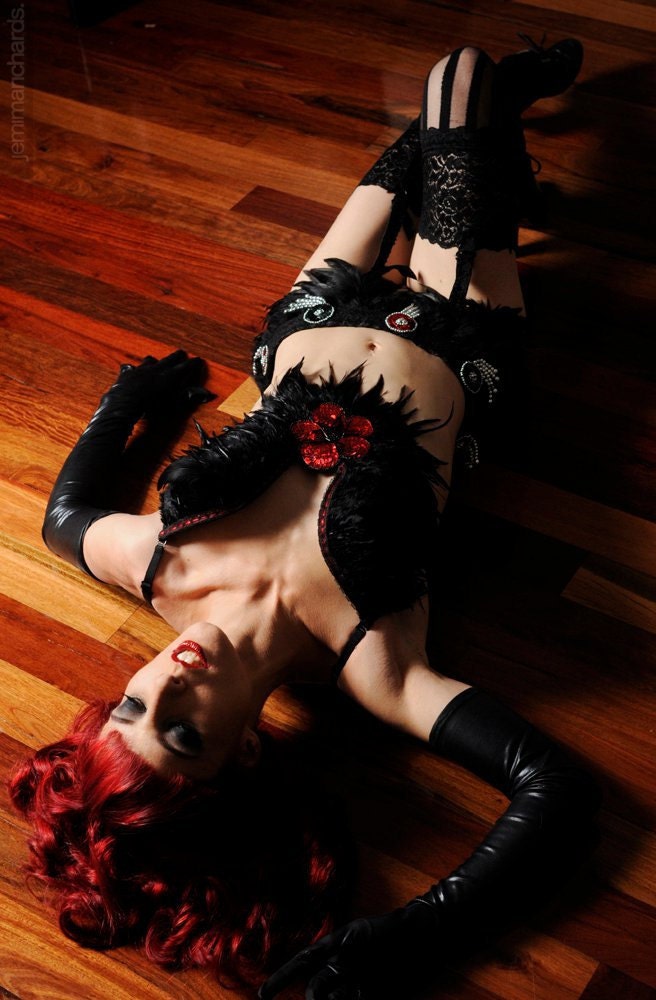 TRASHGLAM EXOTIC burlesque gothic black Feathered bra BUSTIER-made to order