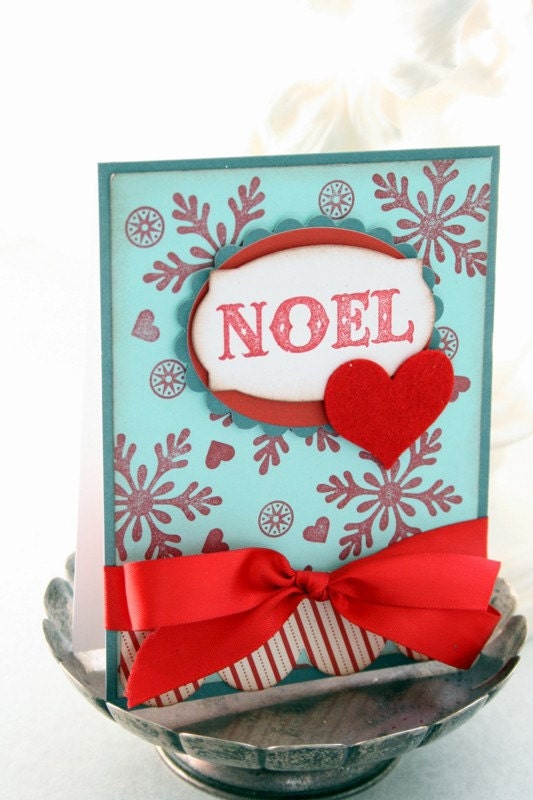 Hand Stamped Card Noel Red Aqua Christmas Holiday Felt Heart Candy Cane Paper Card