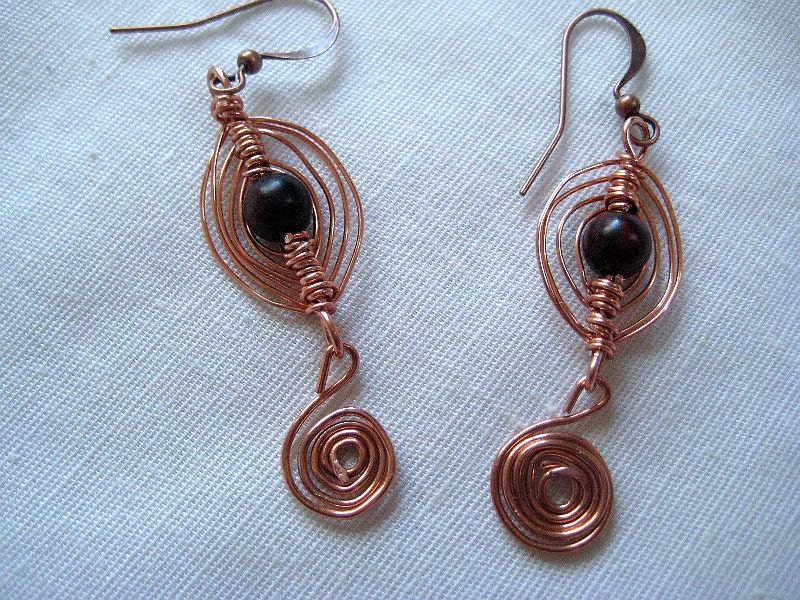 Long Egyptian coil earring in copper and onyx bead- under 20 usd