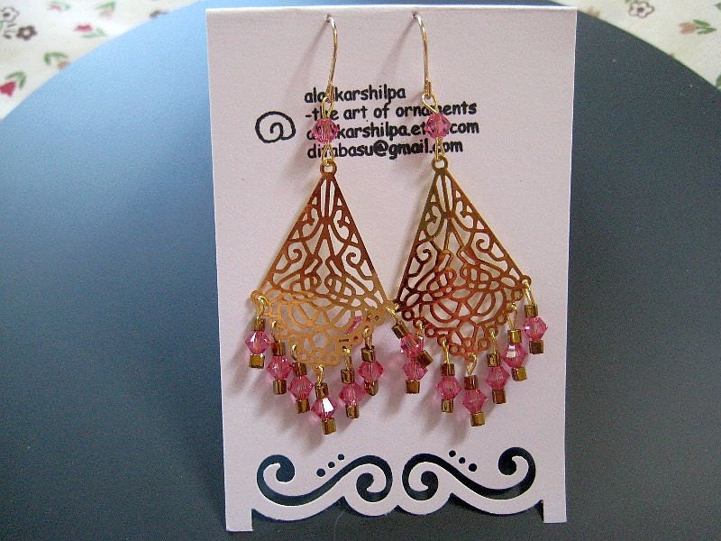 Bolly wood style chandelier earring in  gold and rose pink swarovski
