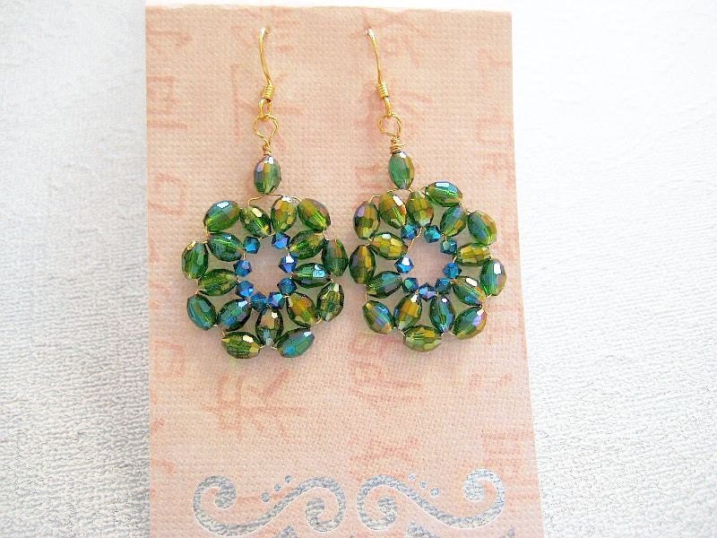 Hand crafted fashion  earring in  emerald green and gold- perfect for Mothers Day , and May birthday jewelry
