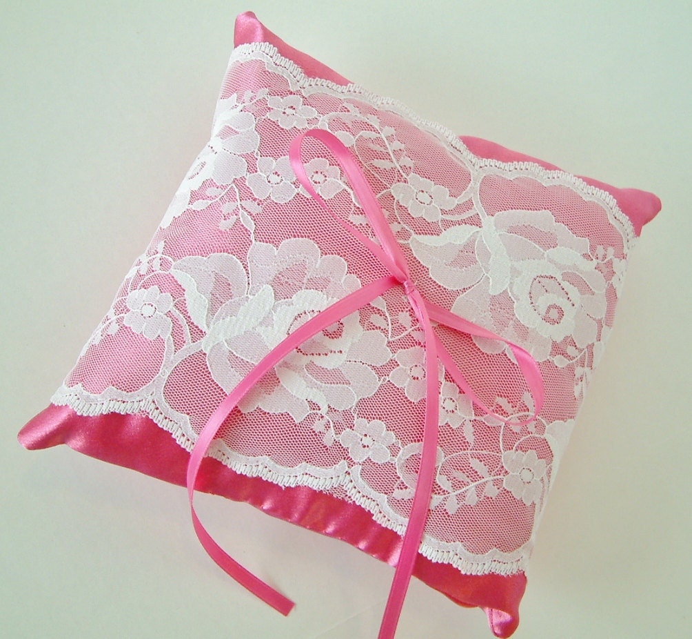 Hot Pink Satin with White Lace Ring Pilow