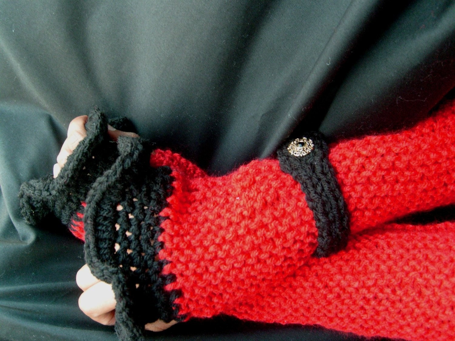 VICTORIAN ARM WARMERS / Longer Length With Ruffle In RED And BLACK - CUSTOM Made To Order