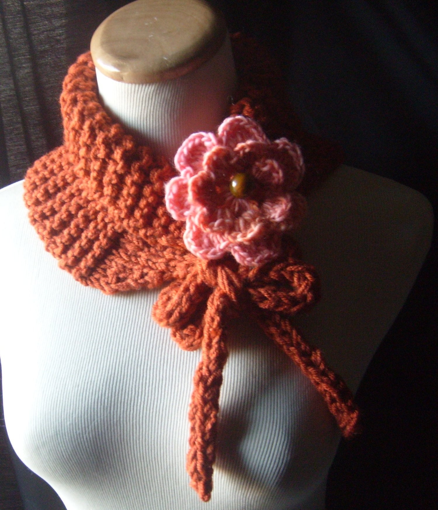 THE ORANGEY II- Knit Cowl/Neckwarmer With Crocheted Brooch- Soft and Snuggly In Burnt PUMPKIN ORANGE