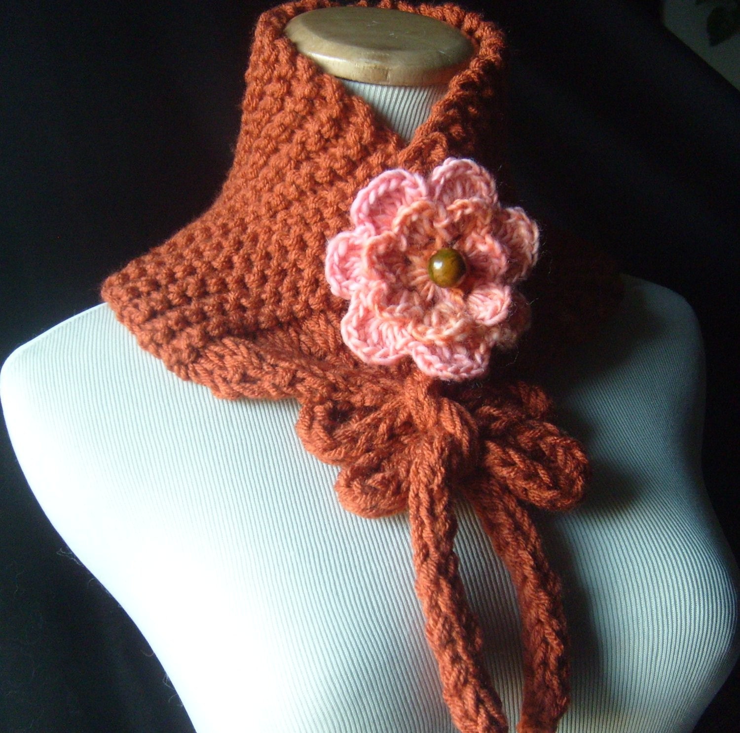 THE ORANGEY II- Knit Cowl/Neckwarmer With Crocheted Brooch- Soft and Snuggly In Burnt PUMPKIN ORANGE