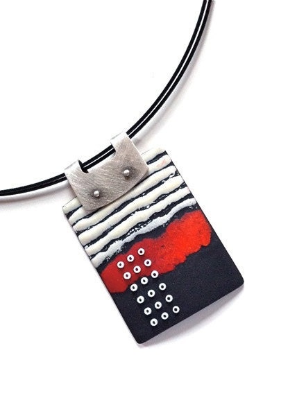 Sgraffito Enameled Pendant in Dark Red