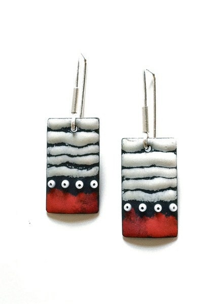 Long Sgraffito Enameled Tab Earrings in Dark Red