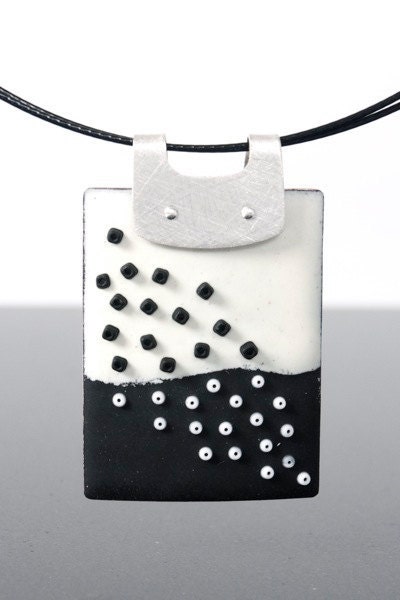 Enameled Pendant with Scattered Beads in Black & White