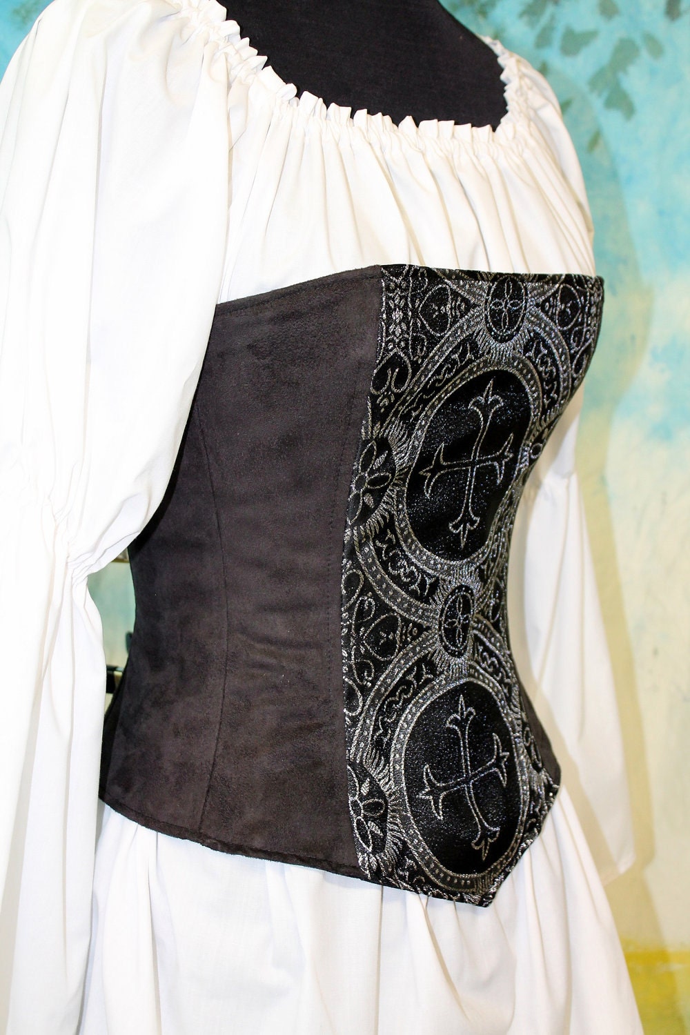 Black & Silver Renaissance Celtic Cross Corset,  Pirate, Gypsy, Steampunk, 1 size left, 33, Ready to Ship