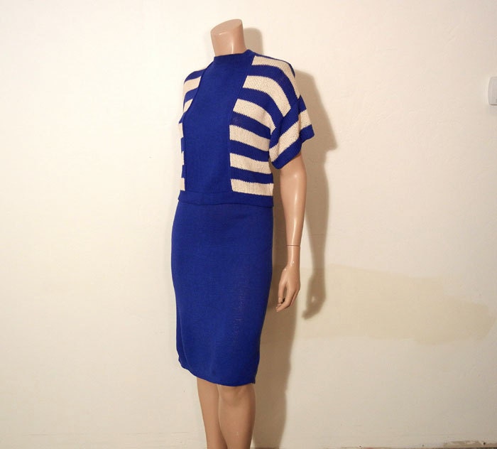 1970s st john / Vintage 70's St. John Blue Striped Leisure Knit Sweater and Skirt Suit