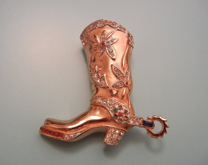 1940's CORO Brooch / Vintage 40's Cowboy Boot Spurs Western Rhinestone Pegasus Brooch Pin