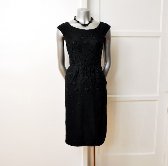 1950s dress / Vintage 50's Dress Elegant Ben Barrack Black Embroidered Details