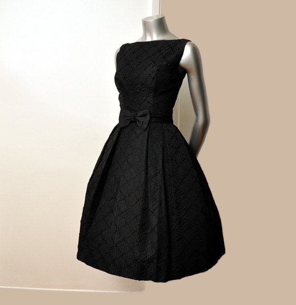 Vintage 50's Black Bow Ribbons Cocktail Party Full Skirt Dress