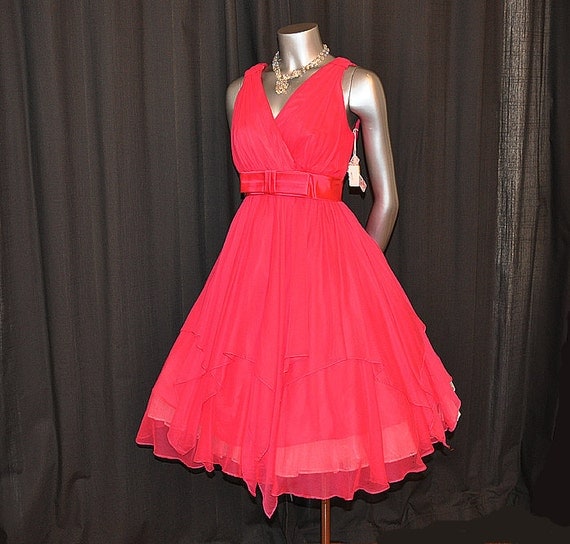 1960's Dress / Vintage 60's Big Bow Bias Cut Chiffon Full Skirt Party Dress Never Worn