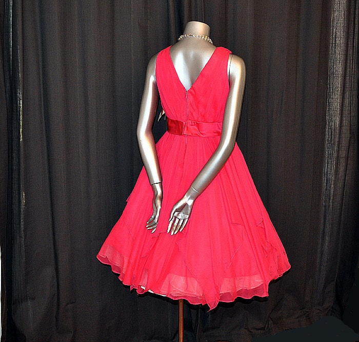 1960's Dress / Vintage 60's Big Bow Bias Cut Chiffon Full Skirt Party Dress Never Worn
