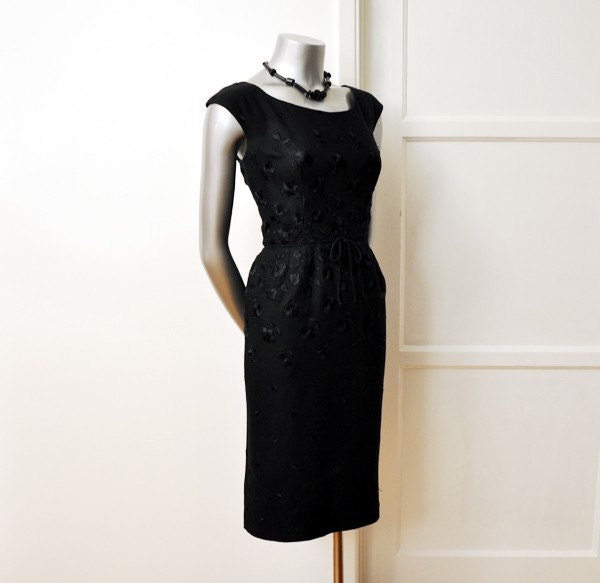 1950s dress / Vintage 50's Dress Elegant Ben Barrack Black Embroidered Details