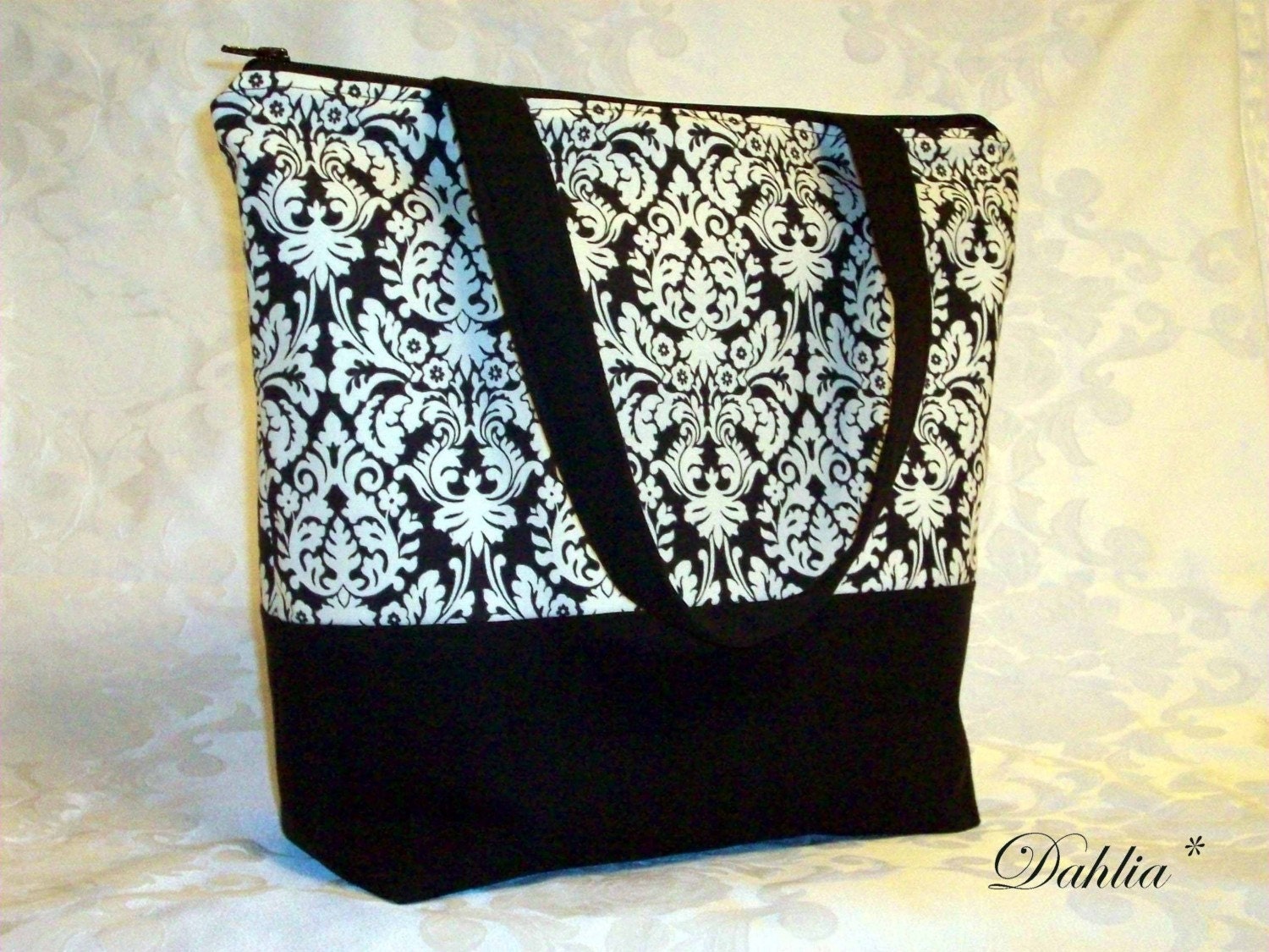 New--Was 58.00--The Dahlia Endless Uses Oversized Zippered Tote--Three Big Pockets--Waverly Black and White Damask