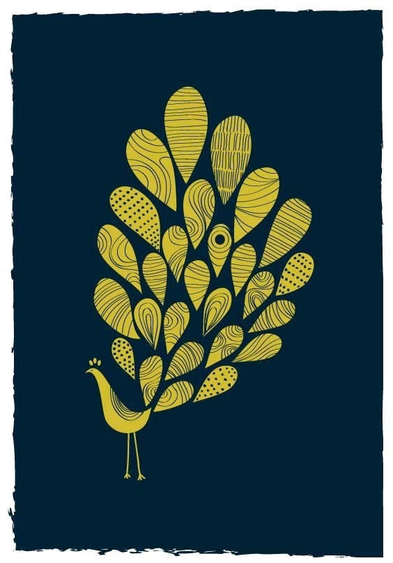 A Little Peacock Print / Golden Yellow with Navy