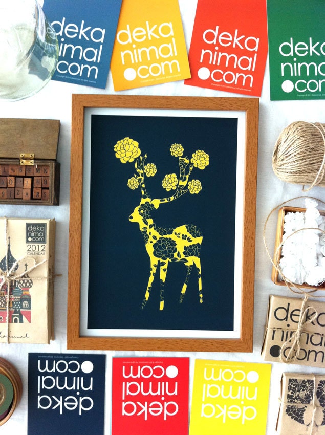 Love deer Print Golden Yellow Navy Rose Flower Animal illustration Children decor Kids Room Wedding Birthday Anniversary Gifts Home decor